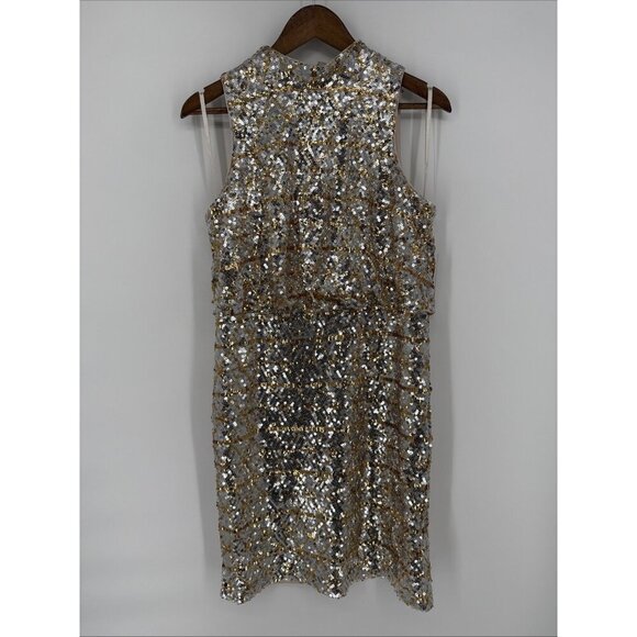 New Eliza J Womens 12 Petite Gold Silver Sequin Blouson Halter Cocktail Dress - Picture 3 of 10